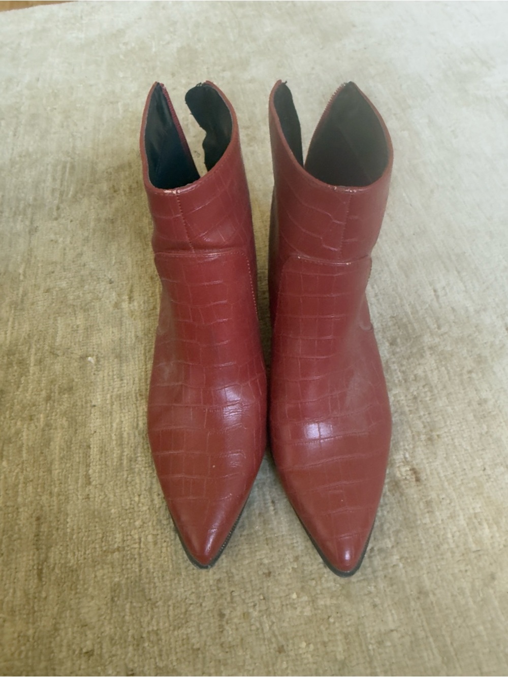 Qupid Croc-Embossed Pointed Toe Ankle Booties in Burgundy
